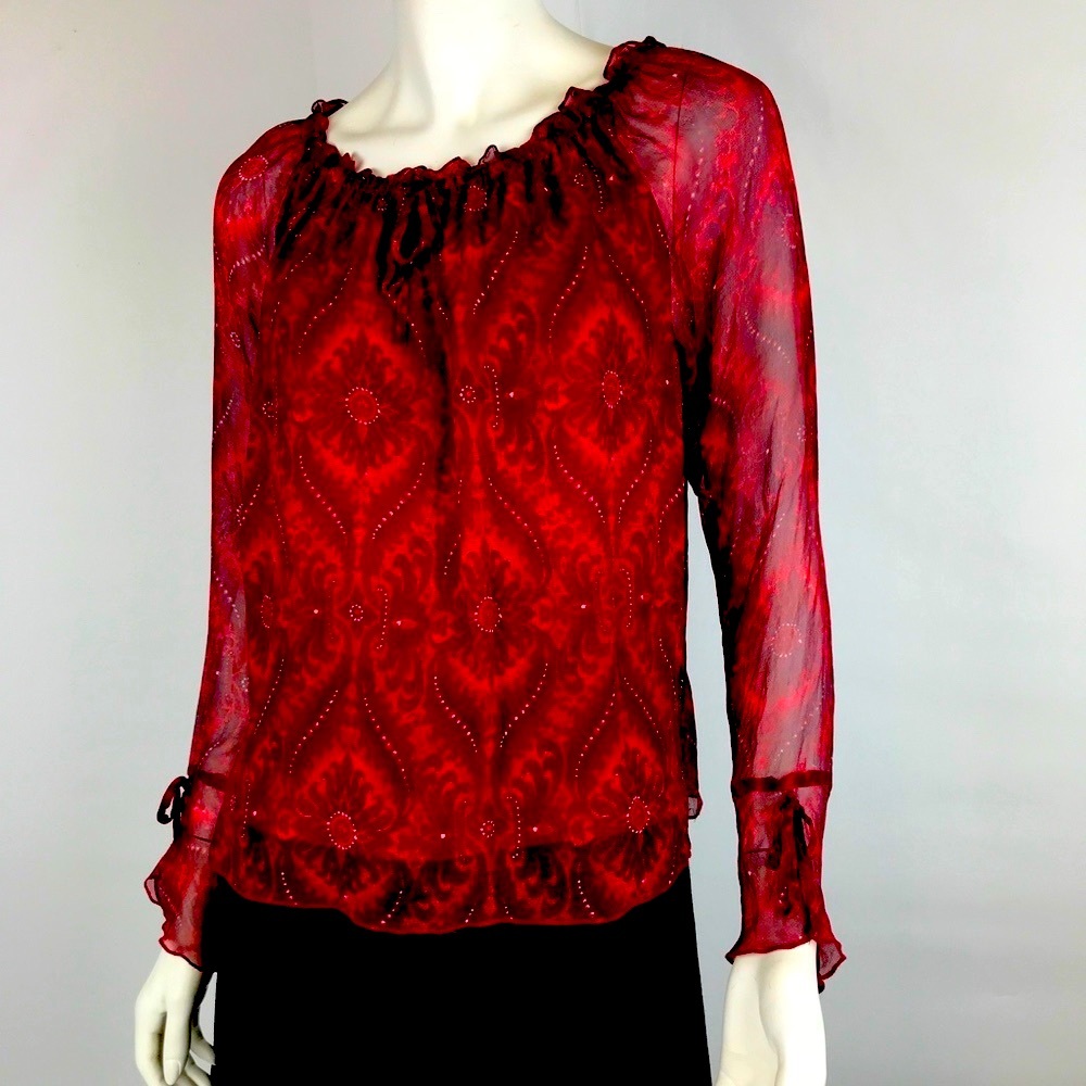 Red Print Silk Chiffon Lined Blouse